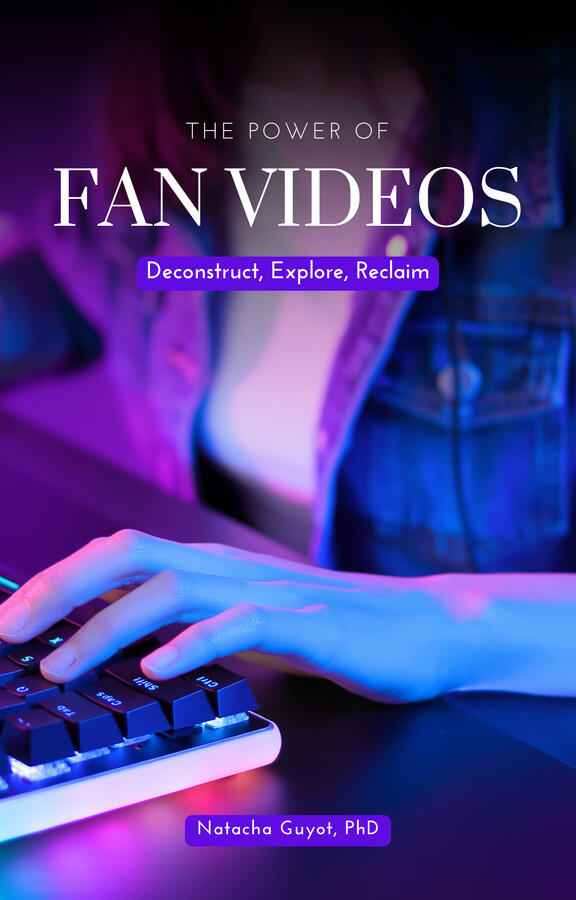 Picture of a woman wearing a shirt and a denim jacket, using a keyboard. Cover for the eBook "The Power of Fan Videos' by Natacha Guyot, PhD.